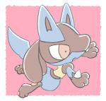 ambiguous_gender anthro black_body black_fur blue_body blue_fur border chibi fur paws pink_background pink_eyes simple_background solo white_border sikai nintendo pokemon generation_4_pokemon lucario pokemon_(species)