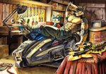 anthro black_body black_fur blonde_hair blue_eyes duo fur garage hair male male/male muscular science_fiction tail weapon white_body white_fur yellow_eyes omicrono vortiganshine canid canine canis mammal wolf absurd_res hi_res