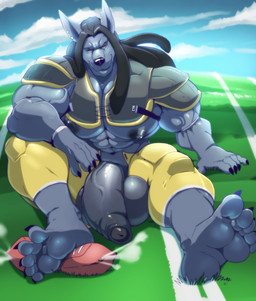 5_toes abs air_puff american_football anthro ball balls big_balls big_feet big_muscles big_nipples big_pecs big_penis biped black_hair black_nipples black_nose claws clothed clothing cloud_emanata deflating_object deflation detailed_background dreadlocks emanata feet flaccid foot_focus foreskin full_foot_pawpads genitals grey_balls grey_penis gridiron_ball hair huge_balls huge_pecs huge_penis humanoid_genitalia humanoid_penis leaking_air long_ears looking_at_viewer male muscular muscular_anthro muscular_male nipples outside partially_clothed pecs penis penis_poking_out piercing seductive sharp_teeth sitting smile soles solo sport sports_pads teeth thick_penis toe_claws toes tongue vein veiny_penis yellow_eyes komboochie ninejacks canid canine canis jackal mammal absurd_res hi_res