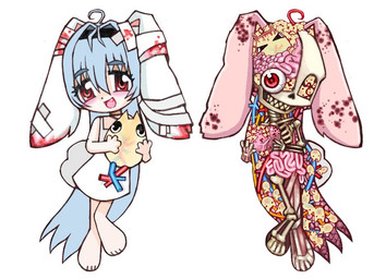 ahoge ambiguous_gender anthro bangs blood blue_hair bodily_fluids bone brain clothed clothing dress eyeball eyelashes feet female feral gore guts hair hindpaw intestines kemono looking_at_viewer open_mouth organs paws red_eyes simple_background skeleton skull smile tail teeth vein white_background white_clothing white_dress alunka heart_creature lagomorph leporid mammal rabbit digital_media_(artwork)