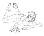 anthro breast_squish breasts claws cleavage clothed clothing feet female foot_growth hair looking_at_viewer lying mid_transformation nude on_front open_mouth paw_growth pawpads paws sharp_teeth solo squish teeth transformation wrinkled_feet wrinkles wwbot mythology canid canine human mammal mythological_canine mythological_creature werecanid werecanine werecreature werewolf black_and_white hi_res monochrome