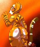 abstract_background anthro big_butt blush breasts butt female nude red_eyes solo stripes yellow_sclera monkeyxflash dreamworks kung_fu_panda master_tigress felid mammal pantherine tiger