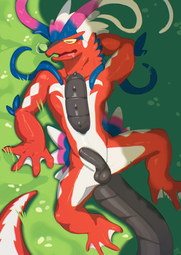 against_surface anthro balls bodily_fluids bubble butt eyes_closed foreskin genitals grass humanoid_genitalia humanoid_penis lying male membrane_(anatomy) non-mammal_balls on_back on_grass on_ground penis plant red_body red_scales scales sleeping snot snot_bubble solo unretracted_foreskin webbed_hands meatshaq mythology nintendo pokemon ancient_pokemon apex_build_koraidon dragon generation_9_pokemon koraidon legendary_pokemon mythological_creature mythological_scalie paradox_pokemon pokemon_(species) scalie hi_res