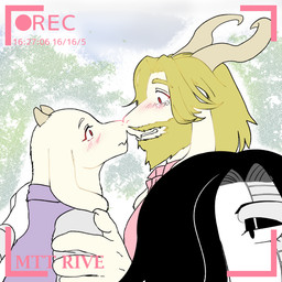 anthro beard black_hair black_sclera blonde_hair blush camera_view canon_couple clothed clothing facial_hair female fur group hair horn kissing long_ears machine male mature_anthro mature_female mature_male mustache photobomb recording red_eyes white_body white_fur satouiro undertale undertale_(series) asgore_dreemurr mettaton mettaton_ex toriel boss_monster_(undertale) bovid caprine mammal robot 1:1 2016 hi_res