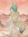 anthro biped casual_nudity claws desert detailed_background digitigrade footprint fur green_hair hair hip_markings landscape leg_markings male markings nude outside pawprint pawprint_(marking) rear_view sand solo standing tail tan_body tan_fur sangluna phenique canid canine fennec_fox fox mammal true_fox traditional_media_(artwork)