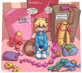 anthro blonde_hair bow_ribbon bulge buttplug clothing dildo femboy footwear gift hair hoodie kneeling legwear male pattern_clothing pattern_footwear pattern_legwear pattern_socks plug_(sex_toy) sex_toy socks solo striped_clothing striped_footwear striped_socks stripes text topwear borvar ashi_(ashizero) canid canine mammal raccoon_dog tanuki english_text hi_res