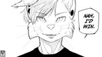 anthro black_clothing black_shirt black_topwear clothing dialogue ear_piercing hair looking_at_viewer male open_mouth piercing shirt simple_background solo text topwear whiskers white_background duskari7 jujutsu_kaisen nah_i'd_win felid mammal 16:9 comic english_text meme monochrome widescreen