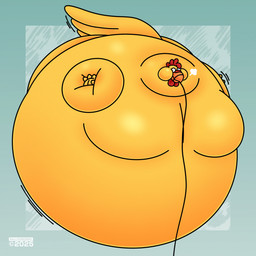air_ballooning air_inflation anthro avian_caruncle beak comb_(anatomy) copyright_symbol feathers head_crest inflation male orange_beak simple_background solo symbol tail tail_feathers teal_background yellow_body balloonedbird family_guy ernie_the_giant_chicken avian bird chicken galliform phasianid 1:1 2025 hi_res