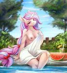 anthro areola bendy_straw breasts container cup detailed_background drinking_straw eyelashes female fence food fruit horn looking_at_viewer melon nipples outside plant smile solo towel tree water watermelon wet ponsex hasbro my_little_pony mythology fan_character hearts_desire equid equine mammal mythological_creature mythological_equine unicorn absurd_res hi_res