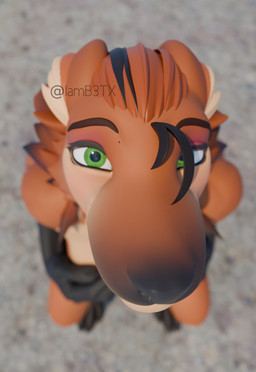 anthro black_nose depth_of_field female fur green_eyes hair looking_at_viewer orange_body orange_fur sitting solo zoom b3tx leodamodeler_(modeler) athena_(leodamodeler) canid canine fox mammal maned_wolf 3d_(artwork) digital_media_(artwork) hi_res meme