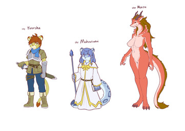 4_fingers anthro blue_eyes blue_hair book breasts clothing dress featureless_breasts female fingers footwear fur group hair horn jewelry knight larger_female long_hair magic_user male melee_weapon necklace red_body red_eyes red_fur shoes short_hair size_difference smaller_female staff sword tail trio warrior weapon white_clothing white_dress treyer mythology mahoutsukai_(treyer) maou_(treyer) yussha_(treyer) dragon felid furred_dragon furred_scalie lion mammal mythological_creature mythological_scalie pantherine scalie snow_leopard 2023 absurd_res hi_res model_sheet