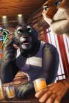 anthro black_body black_fur blue_eyes clothing duo fur green_eyes male markings melanistic muscular orange_body orange_fur shirt spots spotted_body spotted_fur striped_body striped_fur stripes tank_top topwear 7theaven disney zootopia renato_manchas felid jaguar mammal pantherine tiger 2016 2:3