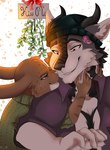 anthro beanie clothing duo grin hat headgear headwear horn male male/male mistletoe mistletoe_bow plant size_difference smile sweater teasing topwear kidaoriginal legend_of_ahya jake_thumpings liam_mchowl canid canine canis lagomorph leporid mammal rabbit wolf hi_res