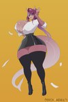 anthro big_breasts biped black_clothing boots bottomwear breasts clothed clothing eyelashes eyewear female footwear glasses hair high_heeled_boots high_heels huge_breasts legwear miniskirt orange_background panties pupils purple_body purple_hair shoes simple_background skirt smile solo standing tail text thick_thighs thigh_highs underwear wide_hips katrosh fish marine shark absurd_res hi_res