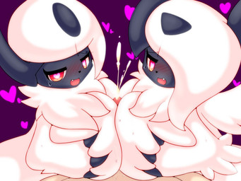 anthro big_breasts blush bodily_fluids breast_play breasts collaborative collaborative_sex collaborative_titfuck cum cute_fangs duo_focus fangs female genital_fluids genitals glans glans_peek group hair huge_breasts male male/female orgasm penis sex teeth titfuck white_hair methylcyan nintendo pokemon absol canid generation_3_pokemon generation_6_pokemon human mammal mega_absol mega_evolution pokemon_(species) 2019 4:3