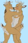 2015 anthro blue_background blush brother_(lore) brothers_(lore) butt deer duo eyes_closed hi_res implied_handjob incest_(lore) kiss_on_lips kissing male male/male mammal nude sibling_(lore) simple_background xenoforge