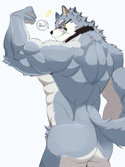 abdominal_scar abs anthro arm_tuft bar_emanata big_butt biped black_nose brown_eyes butt collar countershade_fur countershading crotch_tuft ear_piercing ear_ring elbow_tuft emanata eyebrows eyewear facial_scar fist flexing fluffy fluffy_fur fluffy_tail fur grey_body grey_fur grin heart_symbol looking_at_viewer looking_back looking_back_at_viewer male muscular muscular_anthro muscular_male nude nude_anthro nude_male piercing pink_inner_ear pose posing_for_the_viewer posing_nude rear_view ring_piercing scar simple_background smile snout snout_scar solo speech_bubble standing sunglasses tail tail_aside text thick_eyebrows tuft white_background white_body white_fur gimpalchil dislyte lilith_games mythology freddy_(dislyte) canid canine canis mammal mythological_canine mythological_creature werecanid werecanine werecreature werewolf wolf 2025 english_text hi_res portrait three-quarter_portrait