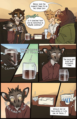 alcohol anthro beer beer_mug beverage biped black_nose blush booth_seating brown_body brown_eyes brown_fur canine_teeth cheek_tuft clothed clothed_anthro clothing container cup dialogue drinking_beer facial_tuft fur furniture glass glass_container glass_cup grey_body grey_fur group head_tuft holding_beer_mug holding_container holding_cup holding_object inner_monologue male pointy_ears prick_ears salt sitting snout speech_bubble table tan_body tan_fur text text_box thinking tissue_box tuft tusks yellow_sclera falco_works indy_(justroadkill) pen_(falco_works) bear canid canine canis cervine coyote deer mammal tufted_deer 2025 comic digital_media_(artwork) english_text hi_res