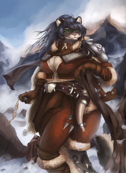 anthro armor axe big_breasts black_hair breasts cleavage clothed clothing day detailed_background female fur green_eyes grey_body grey_fur hair horn leather leather_armor melee_weapon mountain multicolored_body multicolored_fur outside pink_nose plant scarf sky snow solo spots tree two_tone_body two_tone_fur weapon whiskers merrunz felid mammal pantherine snow_leopard 2018 absurd_res digital_media_(artwork) hi_res