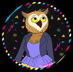 80's_theme abstract_background anthro biped breasts brown_body brown_feathers cleavage clothed clothing dress feathers female fully_clothed jacket jewelry necklace non-mammal_breasts solo topwear opuspaganus bojack_horseman netflix wanda_pierce avian bird owl alpha_channel half-length_portrait portrait signature