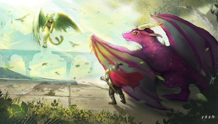 anthro armor building cape clothing female feral flying group light male nature nature_background purple_body sunlight trio wings yellow_body mythology o_hear_thee cynthia_(oth) oberon_(oth) roselia_(oth) avian bird dragon humanoid mythological_creature mythological_scalie scalie hi_res