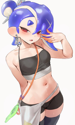 5_fingers blue_eyebrows blue_hair blush bodily_fluids breasts camel_toe clothed clothed_female clothed_humanoid clothing ear_piercing eyebrows female fingers hair looking_at_viewer navel piercing red_eyes simple_background small_breasts solo sweat white_background jtveemo nintendo splatoon splatoon_raiders shiver_(splatoon) aquatic cephalopod humanoid mollusk octarian octoling 2025 hi_res