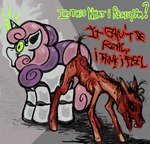 blood blood_in_mouth bodily_fluids duo ears_back female feral glowing green_eyes hair hairless horror_(theme) joints looking_at_viewer looking_back lyrics machine messy_hair nightmare_fuel open_mouth pivoted_ears red_eyes skinny clownstongue hasbro my_little_pony sweetie_bot_(mlp) equid equine horse mammal pony robot