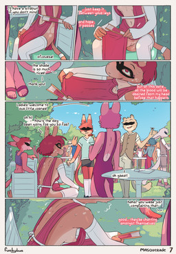 anthro areola balls beverage blush blush_lines border breasts bulge clothed clothing crowd dialogue dress erection erection_under_clothing freckled_face freckled_hips freckled_shoulders freckles genitals grass group gynomorph intersex male nipple_slip nipples outside party piercing plant public public_exposure skimpy sunny tail tenting text tree white_border conditional_dnp djannetur funkybun equid equine horse mammal comic english_text hi_res trans_(lore) trans_woman_(lore)
