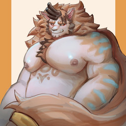 anthro bashful biceps blush horn looking_at_viewer male nipples nude pecs smile solo tail_covering_crotch not_nko xxl_woofia suichong nian_(species) 1:1 hi_res
