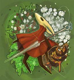 2_horns ambiguous_gender anthro biped black_body black_eyes cloak clothed clothing empty_eyes flower holding_melee_weapon holding_object holding_weapon horn lava melee_weapon multi_limb plant red_cloak red_clothing solo thread weapon white_flower vell.sever hollow_knight:_silksong hollow_knight_(franchise) team_cherry hornet_(hollow_knight) arthropod 2026 hi_res