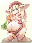 anthro belly big_belly blonde_hair blue_eyes blush bonnet bra bra_clasp braided_hair breasts carrot clothed clothing female food front_clip_bra fur hair headgear headwear kemono kneeling legwear navel nipples open_bra panties pink_bra pink_clothing pink_panties pink_underwear plant pregnant simple_background solo thigh_highs unclasped_bra underwear underwear_only vegetable white_background white_body white_fur setouchi_kurage lagomorph leporid mammal rabbit 2021 hi_res