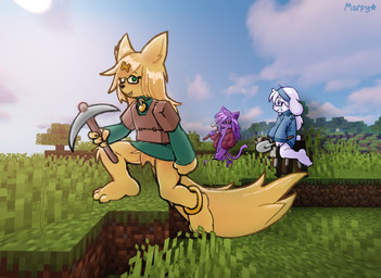 accessory anklet anthro armor bodily_fluids clothed clothing collar crying eyewear fur glasses green_eyes group hair_accessory hairband jewelry leather leather_armor long_tail looking_at_viewer male pantsless pickaxe purple_body purple_fur red_eyes screencap screencap_background smile smiling_at_viewer sweater tail tears topwear trio white_body white_fur yellow_body yellow_fur marpystar microsoft minecraft mojang xbox_game_studios meany_(marpystar) mello_(marpystar) mewt_(marpystar) canid canine canis domestic_cat felid feline felis lagomorph leporid mammal rabbit wolf