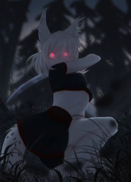 anthro black_clothing clothed clothing crop_top crouching detailed_background female forest fur glowing glowing_eyes grass hair holding_object holding_weapon long_ears long_hair melee_weapon partially_clothed plant red_eyes shirt sword topwear tree weapon white_body white_fur white_hair kodda domestic_cat felid feline felis mammal digital_media_(artwork) hi_res signature