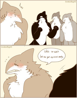 ambiguous_gender anthro black_body black_fur blush bodily_fluids brown_body brown_fur dialogue emanata fin fur grey_body grey_fur group motion_lines sweat tail text white_body white_fur worried lovebuffpg45 aquatic cetacean dolphin fish mammal oceanic_dolphin orca shark toothed_whale comic english_text