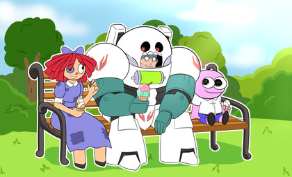 armor bench dessert doll female food group ice_cream machine male park park_bench plant power_armor rag_doll_(toy) smile tree trio white_armor zmarco adult_swim cartoon_network glitch_productions smiling_friends space_king the_amazing_digital_circus chestnut_(space_king) pim_pimling ragatha_(tadc) animate_inanimate critter_(smiling_friends) human humanoid living_doll mammal absurd_res hi_res