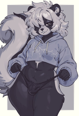anthro belly black_body black_fur breasts buckteeth bulge clothed clothing crop_top eyelashes fluffy fluffy_tail front_view fur gynomorph hair hair_over_eye hoodie inner_ear_fluff intersex markings messy_hair partially_clothed shirt short_hair sleeves small_breasts solo striped_markings striped_tail stripes sweater tail tail_markings teeth thick_thighs thong topwear tuft underwear white_stripes chantiyii mammal mephitid skunk absurd_res hi_res
