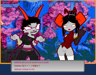 accessory bottomless braided_hair cigarette clothed clothing dialogue dialogue_box duo female hair hair_accessory hairpin horn jewelry legwear sharp_teeth simple_background stockings teeth text thigh_highs transparent_background deadzephyr4114 homestuck ms_paint_adventures damara_megido meenah_peixes alien ghost humanoid spirit troll_(homestuck) alpha_channel english_text japanese_text