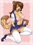 anthro biped bottomwear bra breasts brown_ears brown_eyes brown_hair brown_spots brown_tail cleavage clothed clothing clothing_lift dipstick_tail eyebrows eyelashes female fluffy fluffy_tail footwear fur gloves_(marking) hair legwear long_hair markings medium_breasts multicolored_body multicolored_fur multicolored_tail panties pattern_bottomwear pattern_clothing pattern_panties pattern_underwear pink_background shirt shoes simple_background skirt skirt_lift solo spots spotted_body spotted_fur spotted_markings spotted_tail stockings striped_bottomwear striped_clothing striped_panties striped_underwear stripes tail tail_markings thigh_highs topwear two_tone_body two_tone_fur two_tone_tail underwear upskirt iwbitu jacqueline_(fuzzyjack) hyena mammal spotted_hyena digital_media_(artwork) hi_res