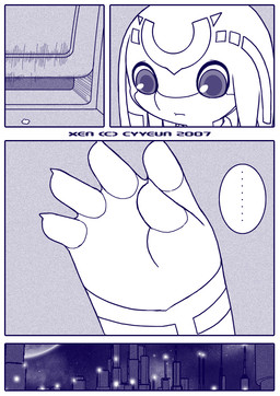 5_fingers anthro city cityscape detailed_background dialogue ellipsis fingers machine male moon night solo speech_bubble text cyyeun xen_(series) switch_(xen) robot robot_anthro 2007 artist_name blue_and_white blue_monochrome comic dated english_text monochrome