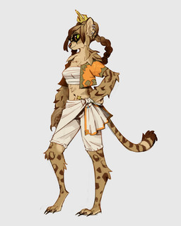 3_toes anthro barefoot bottomwear brown_body brown_fur brown_hair brown_pawpads chest_wraps claws clothing countershade_feet countershading crown ear_piercing ear_ring feet female finger_claws fur green_eyes hair hand_on_hip headgear long_hair long_nails long_tail looking_away markings midriff pawpads paws piercing plantigrade ponytail raised_foot ring_piercing shorts side_view simple_background smile solo spots spotted_body spotted_fur standing striped_markings stripes tail tiara toe_claws toes topwear vest wraps ruffu unnamed_character clouded_leopard felid mammal pantherine 4:5 digital_drawing_(artwork) digital_media_(artwork)