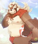 anthro asian_clothing beach belly blush brown_body brown_fur bulge clothing east_asian_clothing fundoshi fur humanoid_hands japanese_clothing kemono male moobs navel nipples outside overweight overweight_anthro overweight_male seaside solo underwear tsurugi lifewonders tokyo_afterschool_summoners goemon_(tas) canid canine mammal raccoon_dog tanuki 2020 hi_res