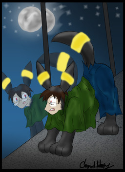 bioluminescence black_body black_border black_fur blue_eyes border brown_hair clothed clothing eyewear feral fur glass glasses glowing hair looking_at_reflection male moon night outside oversized_clothing red_eyes reflection shrinking sidewalk size_transformation solo torn_clothing transformation window inuebonydarkhaven nintendo pokemon eeveelution generation_2_pokemon human mammal pokemon_(species) umbreon hi_res