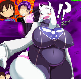 ambiguous_gender anthro big_breasts big_butt blush breasts brown_hair butt clothing dialogue female fur group hair huge_breasts huge_butt interrobang male nipple_outline panties solo_focus text thick_thighs underwear white_body white_fur nobody147 undertale undertale_(series) frisk_(undertale) toriel boss_monster_(undertale) bovid caprine human mammal digital_media_(artwork) english_text hi_res mother_(lore) parent_(lore)