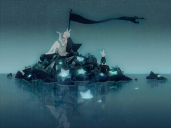 ambiguous_gender banner black_clothing bottomless clothed clothing dress duo ears_up female flag glowing looking_away night outside reflection scroll sea searching sitting sky star stargazing starry_sky telescope water apois animal_humanoid cat_humanoid domestic_cat felid felid_humanoid feline feline_humanoid felis human humanoid lagomorph leporid mammal mammal_humanoid rabbit digital_media_(artwork)