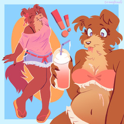 anthro belly bottomwear bow_ribbon bra clothing female frilly frilly_clothing hotpants navel shorts spaghetti_strap spilled_drink surprised swimwear thick_thighs underwear orangfloof beastars juno_(beastars) canid canine canis mammal wolf 1:1 hi_res