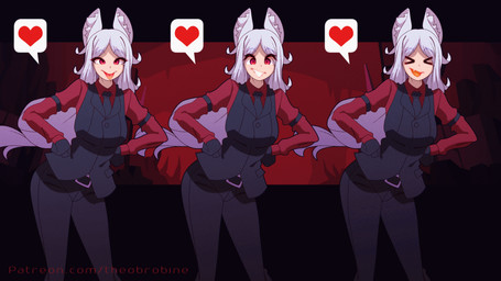 >_< bottomwear clothed clothing dancing eyes_closed female front_view fully_clothed gloves group hair handwear heart_symbol long_hair looking_at_viewer necktie pants red_eyes speech_bubble text trio white_hair theobrobine helltaker cerberus_(helltaker) animal_humanoid canid canid_humanoid canine canine_humanoid humanoid mammal mammal_humanoid 16:9 2021 2d_animation animated frame_by_frame hi_res loop motion_tweening url widescreen