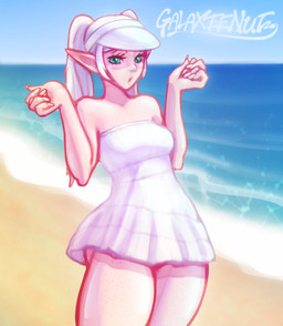 beach breasts clothed clothing dress eyelashes female front_view green_eyes grey_hair hair humanoid_pointy_ears looking_at_viewer pale_skin pigtails pointy_ears sea sky solo thick_thighs water white_clothing white_dress wide_hips galaxeenu frieren_beyond_journey's_end frieren elf humanoid absurd_res hi_res