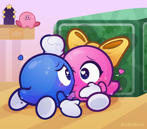 accessories_only accessory against_surface being_watched blue_body blue_eyes blush blush_lines bodily_fluids bow_ribbon chibi clitoris clothing dripping duo eyelashes female fluids_on_ground genital_fluids genitals glistening glistening_body gloves hand_holding handwear happy happy_sex headgear headwear heart_eyes heart_symbol kissing kissing_while_penetrated kissing_while_penetrating looking_at_another male male/female mascot on_ground orb penetration penis pink_body precum sex sitting sitting_on_ground small_tail sweat sweatdrop tail tapering_penis vaginal vaginal_fluids vaginal_penetration vulva arnkleblarn kirby_(series) nintendo kirby lalala lololo alien waddling_head hi_res brother_(lore) brother_and_sister_(lore) incest_(lore) sibling_(lore) sister_(lore) twincest_(lore) twins_(lore) young_(lore)