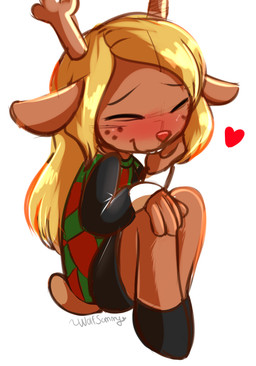 4_fingers anthro antlers black_bottomwear black_clothing black_skirt blonde_hair blush bottomwear brown_body brown_fur buckteeth checkered checkered_clothing checkered_sweater checkered_topwear clothing eyes_closed female fingers freckled_face freckles fur furrowed_eyebrows hair hand_on_knee hand_on_leg hand_on_own_cheek hand_on_own_knee hand_on_own_leg happy heart_symbol hooves horn knees_pulled_up legs_together long_hair monotone_body monotone_fur pattern_clothing pattern_sweater pattern_topwear simple_background sitting skirt smile solo sweater sweater_vest tail teeth topwear vest white_background young young_anthro young_female englam deltarune undertale_(series) noelle_holiday deer mammal new_world_deer reindeer 2018 signature