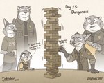 anthro bodily_fluids clothed clothing dialogue female fur group male markings nervous overweight overweight_anthro overweight_male police police_uniform spots spotted_body spotted_fur striped_body striped_fur stripes sweat teeth text uniform aar0njay disney inktober jenga zootopia benjamin_clawhauser judy_hopps nick_wilde officer_fangmeyer officer_wolfard canid canine canis cheetah felid feline fox lagomorph leporid mammal pantherine rabbit red_fox tiger true_fox wolf 2023 5:4 english_text